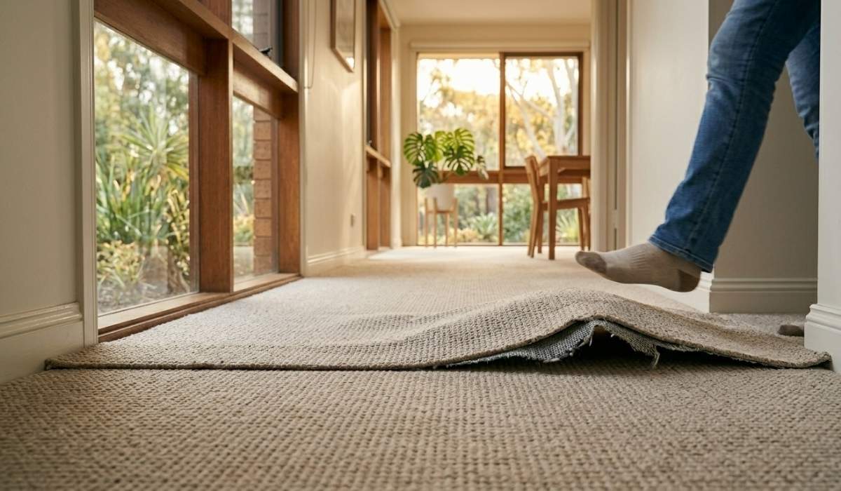 A person's foot stepping over a large ripple and buckled section of carpet that has pulled away from the wall in a hallway.