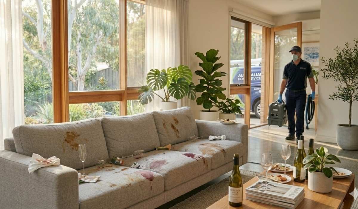 A stained grey sofa covered in wine and food marks with a professional cleaning technician arriving in the background of a sunlit living room.